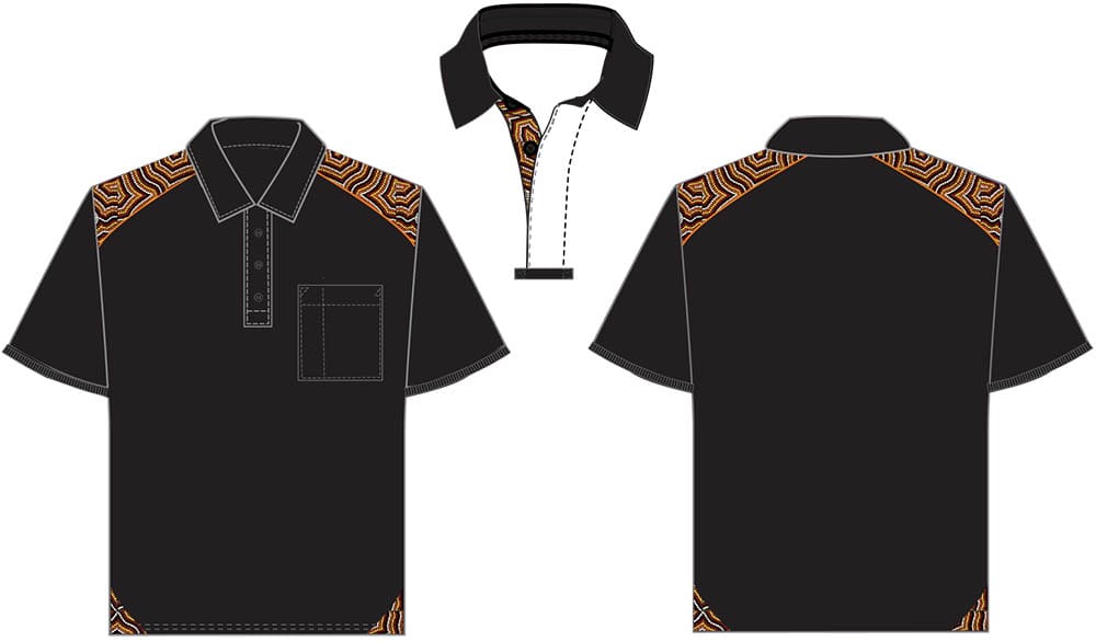 A design template for a black short-sleeved polo shirt featuring orange and white patterned accents on the shoulders, collar interior, and bottom corners.